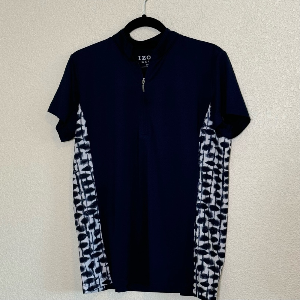 Izod Golf Top Womens L Navy W/ Shibori Print Side Panels‎ Active Front 1/4 Zip